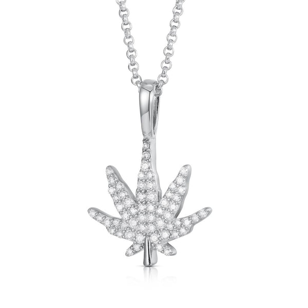 Sterling Silver Cubic Zirconia Necklace - 925 Silver CZ Set Cannabis Leaf Pendant - by Hearts Forever Jewellers