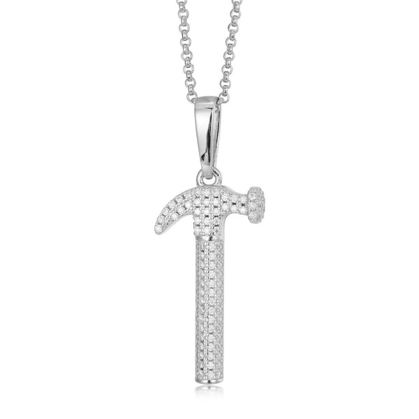 Sterling Silver Cubic Zirconia Necklace - 925 Silver CZ Set Hammer Pendant - by Hearts Forever Jewellers