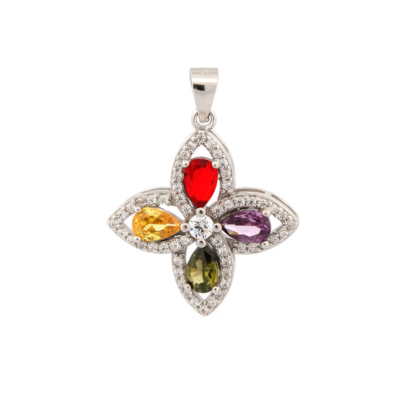 Sterling Silver Cubic Zirconia Necklace - 925 Silver Multi Col CZ Flower Pendant - by Hearts Forever Jewellers