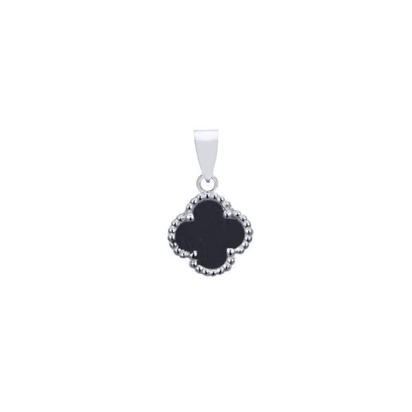 Sterling Silver Necklace - 925 Silver Rhodium Single Clover Pendant Black Onyx Colour - by Hearts Forever Jewellers