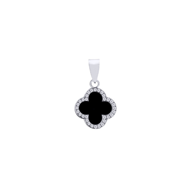 Sterling Silver Cubic Zirconia Necklace - 925 Silver Rhodium CZ Set Single Clover Pendant Black Onyx Colour - by Hearts Forever Jewellers