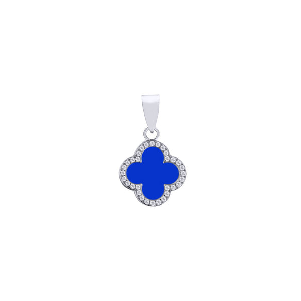 Sterling Silver Cubic Zirconia Necklace - 925 Silver Rhodium CZ Set Single Clover Pendant Black Onyx Colour - by Hearts Forever Jewellers