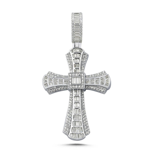 Sterling Silver Cubic Zirconia Necklace - 925 Silver Large CZ Brilliant and Baguette Cut Cross - by Hearts Forever Jewellers