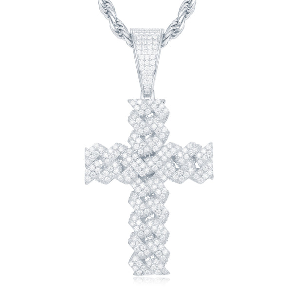 Sterling Silver Cubic Zirconia Necklace - 925 Silver CZ Set Cuban Link Style Cross - by Hearts Forever Jewellers