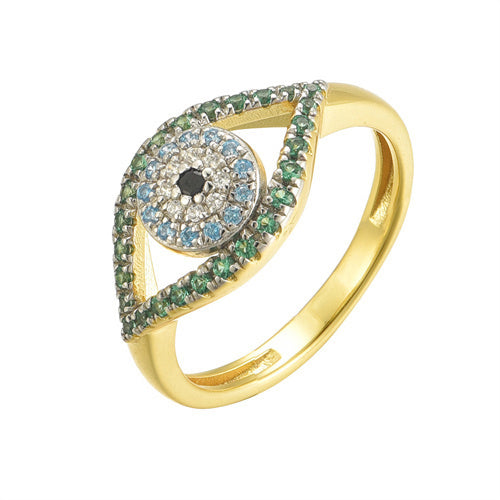 Sterling Silver Cubic Zirconia Ring - 925 Siver 14ct Gold Plated CZ Set Evil Eye Ring - by Hearts Forever Jewellers