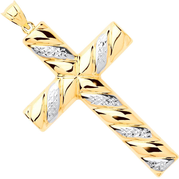 Jewellery - Y & W/G Large Hollow Tube Ribbed Cross - by Hearts Forever Jewellers