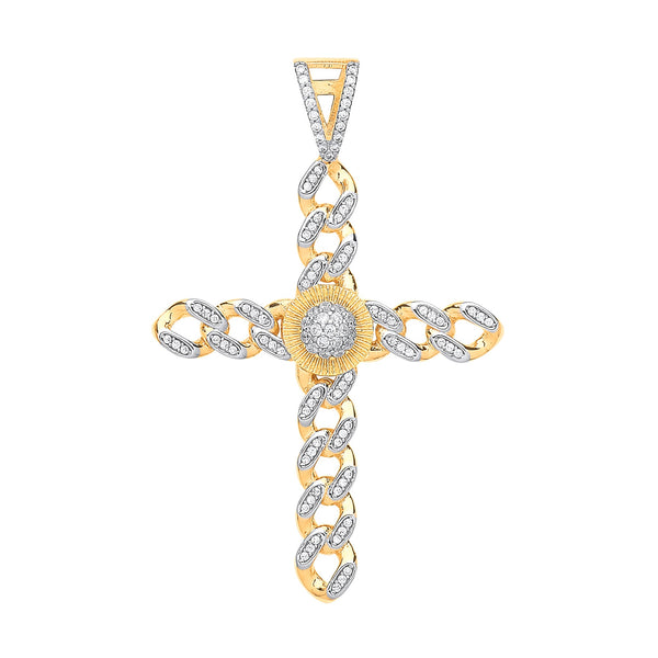 Cubic Zirconia Jewellery - Y & W/G Large Round Charm Cz Curb Link Cross - by Hearts Forever Jewellers