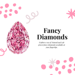 Pink diamond with decorative elements on a white background, featuring text about fancy diamonds.