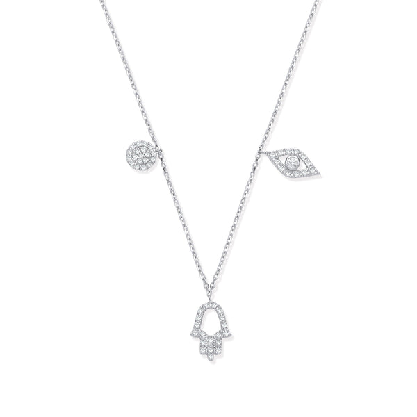 9k Yellow Gold Necklace - 9ct White Gold 0.22ctw Evil Eye, Hamsa & Circle Pendant (18in/45cm) Chain - by Hearts Forever Jewellers