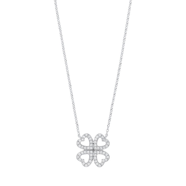 18k Yellow Gold Diamond Necklace - 9ct White Gold 0.18ct Diamonds Four-leaf Clover (18in/45cm) Chain - by Hearts Forever Jewellers
