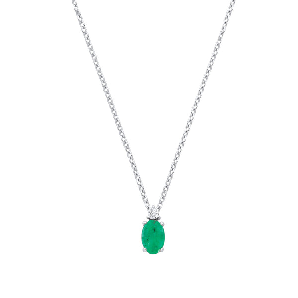 9k Yellow Gold Diamond, Emerald Necklace - 9ct White Gold Diamond 0.03ctw & Emerald 0.38ctw Necklace (Chain 17") - by Hearts Forever Jewellers