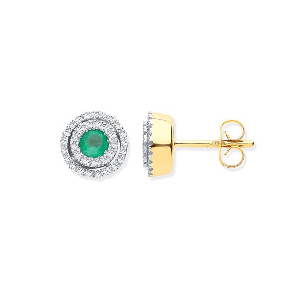 9k Yellow Gold Diamond, Emerald Ring - 9ct YG Double Halo 0.25 Diamond & Emerald Round Stud Earrings - by Hearts Forever Jewellers