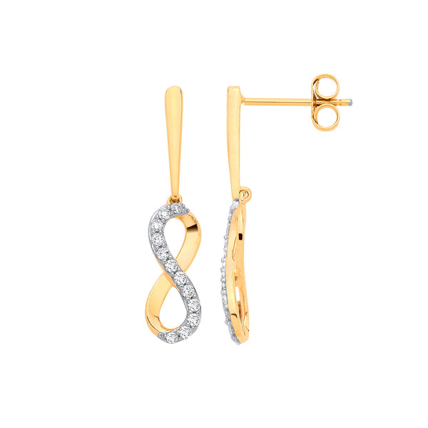 9k Yellow Gold Ring - 9ct Yellow Gold 0.25ctw Infinity Drop Earrings - by Hearts Forever Jewellers