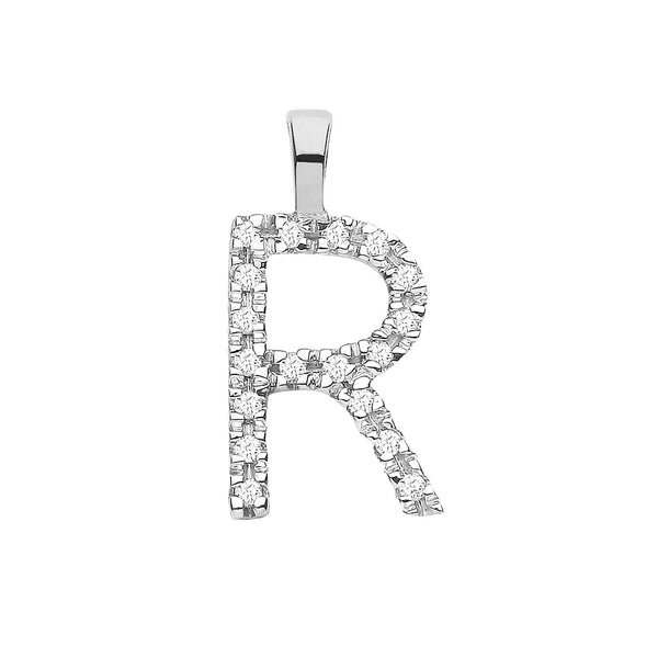 9k Yellow Gold Diamond Jewellery - 9ct White Gold 0.06ct Diamond R Initial - by Hearts Forever Jewellers