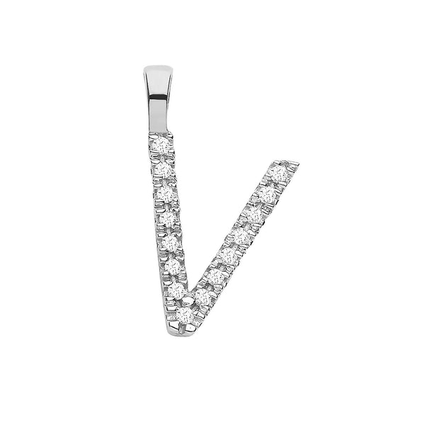 9k Yellow Gold Diamond Jewellery - 9ct White Gold 0.05ct Diamond V Initial - by Hearts Forever Jewellers