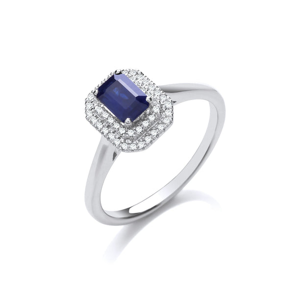 9k Yellow Gold Diamond, Sapphire, Emerald Ring - 9ct WG Double 0.10ctw Diamond Halo Ring with 0.70ct Emerald Cut Sapphire - by Hearts Forever Jewellers