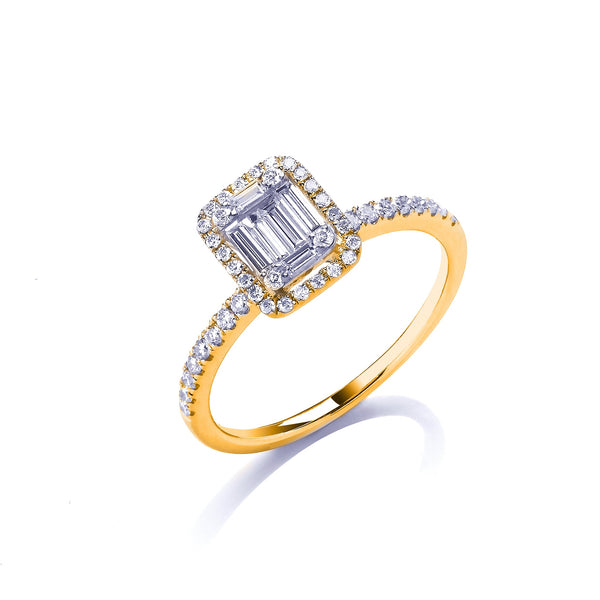 18k Yellow Gold Diamond Ring - 18ct Yellow Gold 0.50ct Baguette & Brilliant Cut Diamonds Rectangle Halo Ring - by Hearts Forever Jewellers
