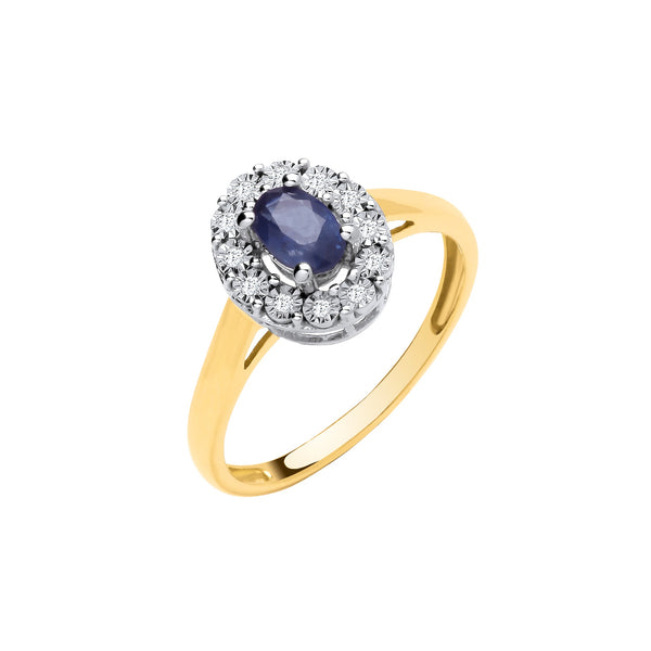 9k Yellow Gold Diamond, Sapphire Ring - 9ct Yellow Gold 0.55ct Sapphire & 0.05ct Diamond Cluster Ring - by Hearts Forever Jewellers