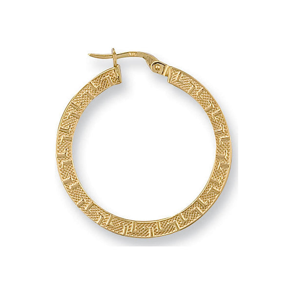 Ring - Y/G 30mm Frosted Greek Key Hoop Earrings - by Hearts Forever Jewellers