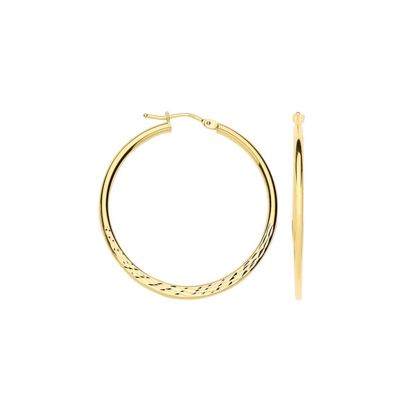 Earrings - Y/G 30mm Half D/C Half Plain Hoops - by Hearts Forever Jewellers