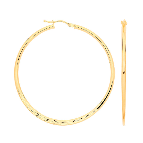 Earrings - Y/G 40mm Half D/C Half Plain Hoops - by Hearts Forever Jewellers