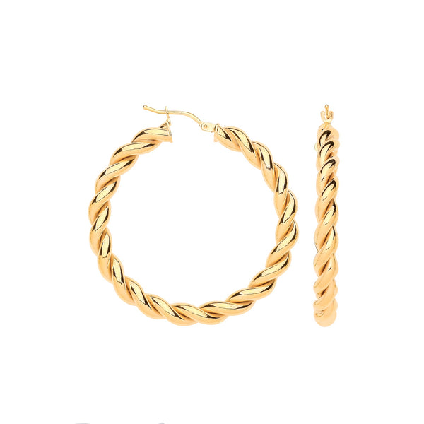 Earrings - Y/G 40mm Big Twist Hollow Hoops - by Hearts Forever Jewellers