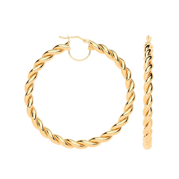Earrings - Y/G 50mm Big Twist Hollow Hoops - by Hearts Forever Jewellers
