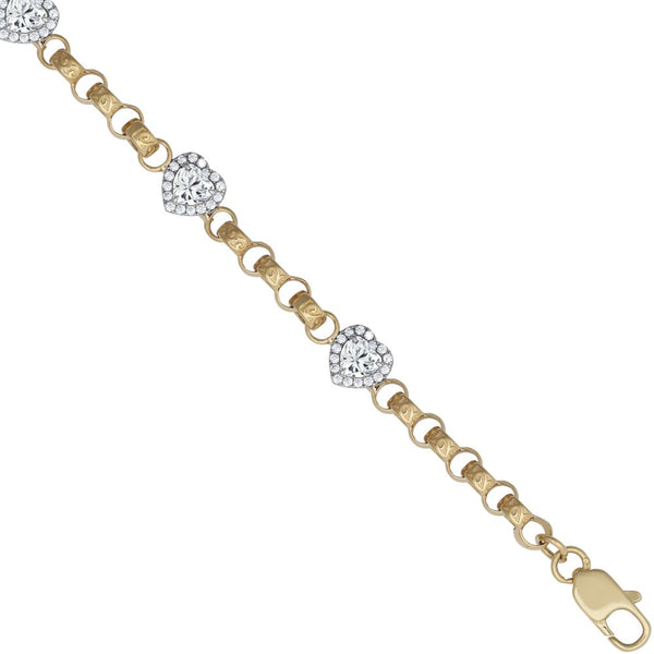 Cubic Zirconia Necklace - 9ct Yellow Gold CZ Heart Cluster Belcher Bracelet - by Hearts Forever Jewellers