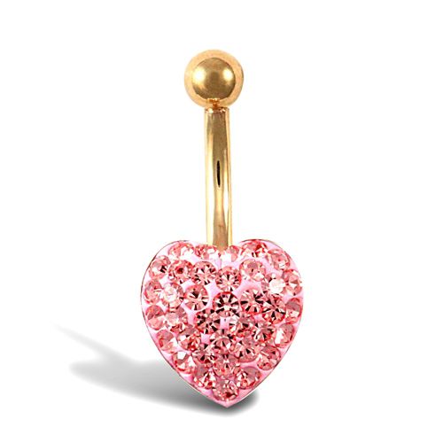 Jewellery - 9ct Yellow Pink Crystal Heart Belly Bar - by Hearts Forever Jewellers