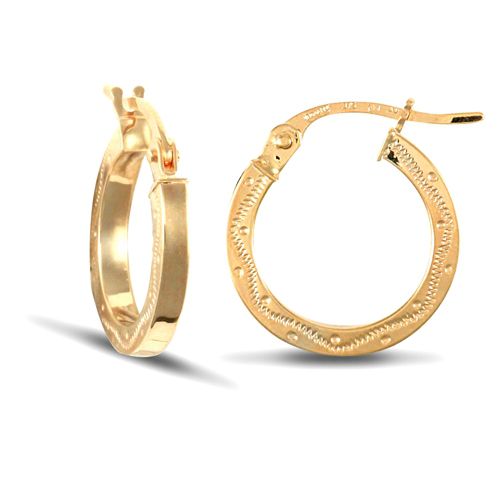 Ring - 9ct yellow gold square-tube creole Hoop Earrings with a engraved wavy design - by Hearts Forever Jewellers