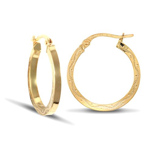 Ring - 9ct yellow gold square-tube creole Hoop Earrings with a engraved wavy design - by Hearts Forever Jewellers