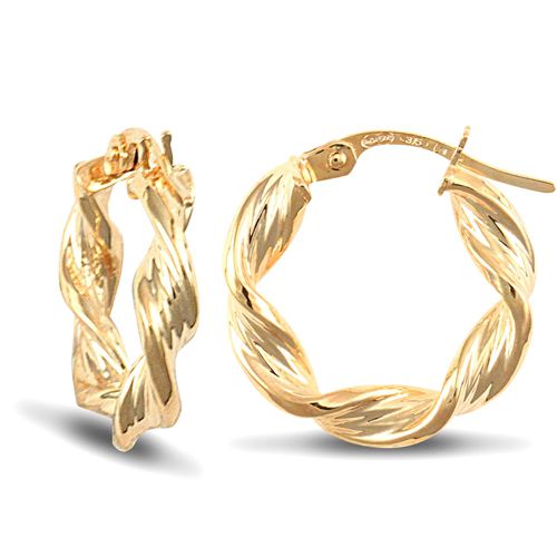 Ring - 9ct yellow gold twisted creole Hoop Earrings textured with a barked pattern - by Hearts Forever Jewellers