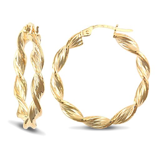 Ring - 9ct yellow gold twisted creole Hoop Earrings textured with a barked pattern - by Hearts Forever Jewellers
