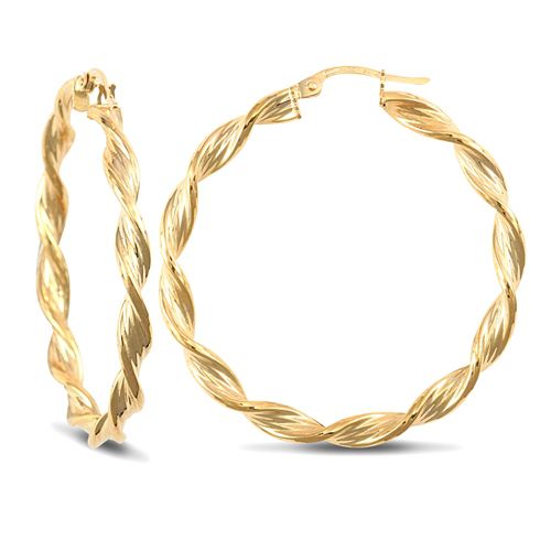 Ring - 9ct yellow gold twisted creole Hoop Earrings textured with a barked pattern - by Hearts Forever Jewellers