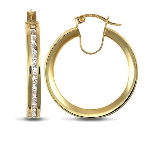 Cubic Zirconia Ring - 9ct yellow gold creole Hoop Earrings channel set with cubic zirconia stones - by Hearts Forever Jewellers