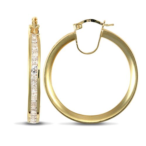 Cubic Zirconia Ring - 9ct yellow gold creole Hoop Earrings channel set with cubic zirconia stones - by Hearts Forever Jewellers