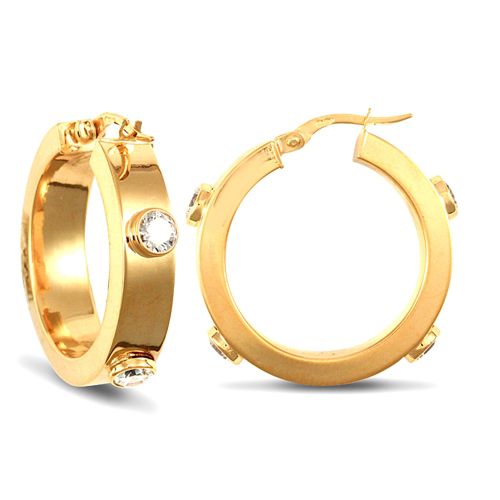Cubic Zirconia Ring - 9ct yellow gold 6mm square-tube hoop creole earrings with rub-over set cubic zirconia stones - by Hearts Forever Jewellers
