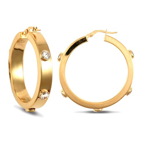 Cubic Zirconia Ring - 9ct yellow gold 6mm square-tube hoop creole earrings with rub-over set cubic zirconia stones - by Hearts Forever Jewellers