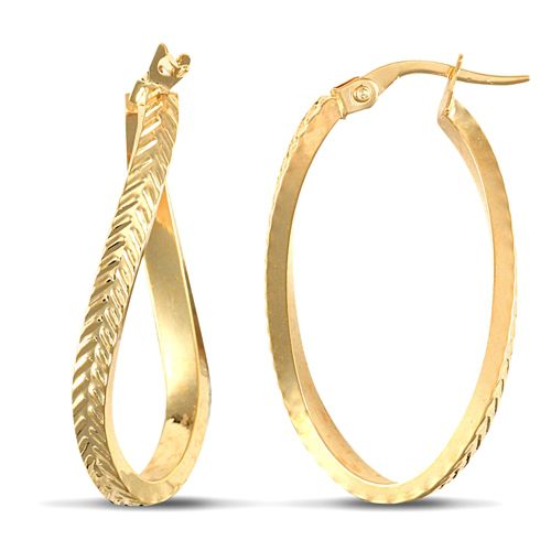 Ring - 9ct yellow gold super light twisting oval shaped creole Hoop Earrings with a plaited textured pattern - by Hearts Forever Jewellers