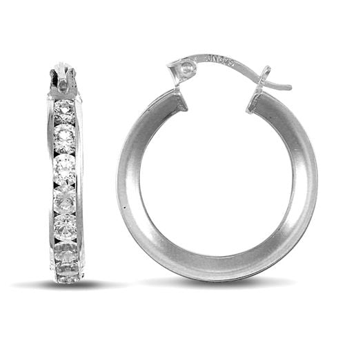 Cubic Zirconia Ring - 9ct white gold channel set cubic zirconia creole Hoop Earrings - by Hearts Forever Jewellers