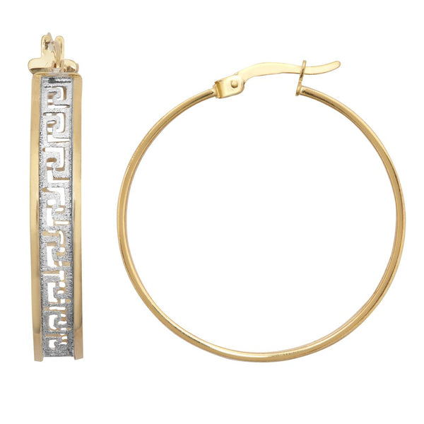 Ring - 9ct Yellow and White Gold Frosted Meander Greek Key Hoop Earrings 20mm. Fitted with classic snap down post for easy click-on - by Hearts Forever Jewellers