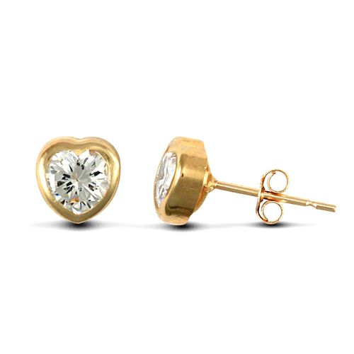 Cubic Zirconia Ring - 9ct yellow gold heart shaped stud earrings rub-over set with a solitaire cubic zirconia stone - by Hearts Forever Jewellers