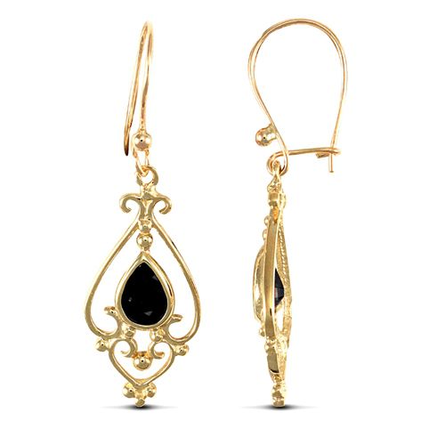 Sapphire Ring - 9ct yellow gold chandelier drop earrings set with a single pear-shaped sapphire - by Hearts Forever Jewellers