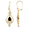 9ct yellow gold chandelier drop earrings set with a single pear-shaped garnet stone.