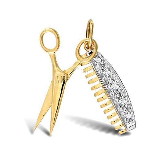 Cubic Zirconia Necklace - 9ct Yellow Gold Cubic Zirconia Scissor & Comb Pendant - by Hearts Forever Jewellers