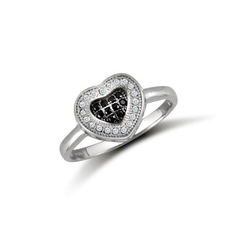 Cubic Zirconia Ring - 9ct White, Black & White CZ Heart Ring - by Hearts Forever Jewellers