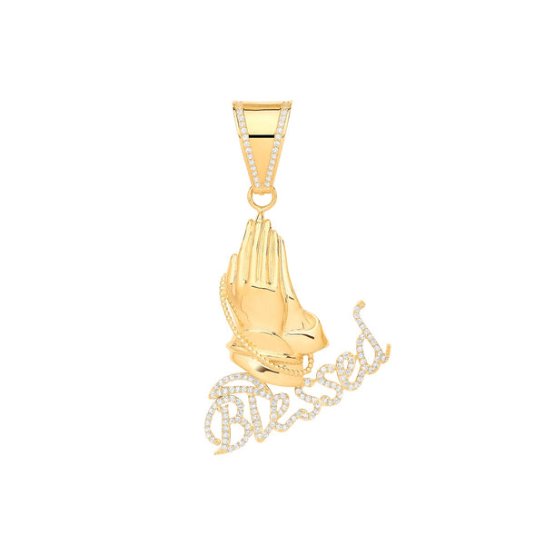 Cubic Zirconia Necklace - Y/G Blessed, Praying Hands CZ Pendant - by Hearts Forever Jewellers