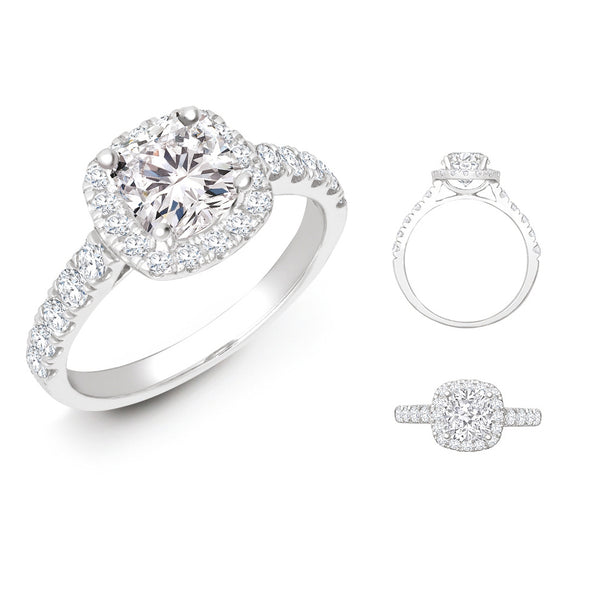 Platinum Diamond Ring - Lab 950 Platinum Gold 0.33ct Diamond Micro-set Cushion-shaped Halo and Shoulders Wed-fit Ring Mount + 0.25ct Diamond - by Hearts Forever Jewellers