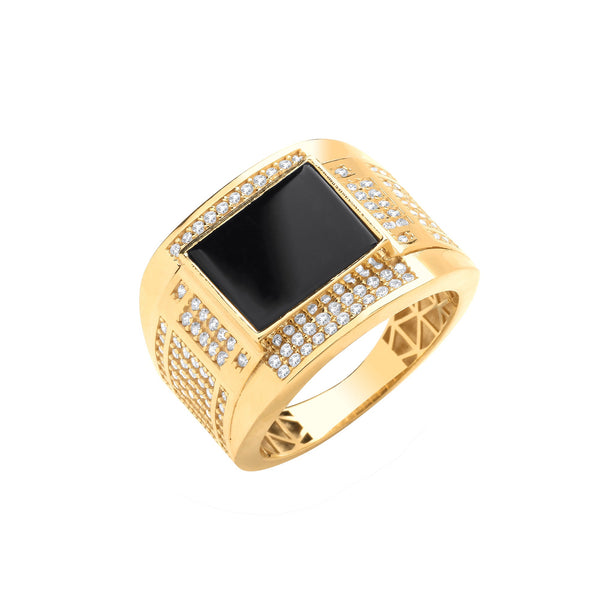 Cubic Zirconia Ring - Y/G CZs & ONYX Square Gents Ring - by Hearts Forever Jewellers