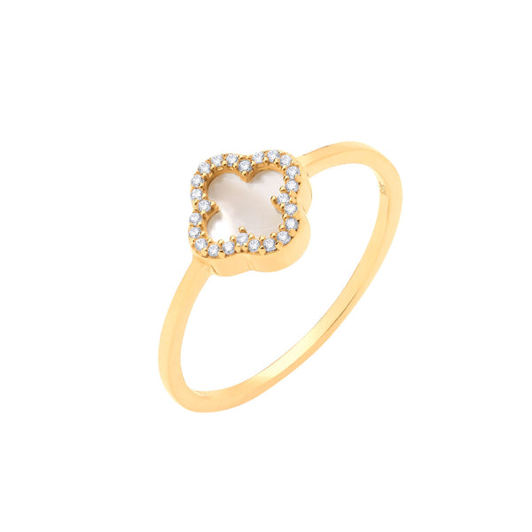 Cubic Zirconia Ring - Y/G CZ MOP Four Leaf Clover Ring J - by Hearts Forever Jewellers